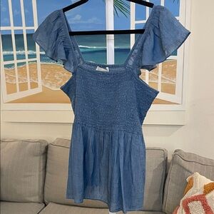 LOFT Denim Blue Smocked Tank with Ruffle Sleeves
